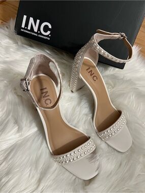 INC International Concepts Pearl-Embellished Heeled Sandals - White